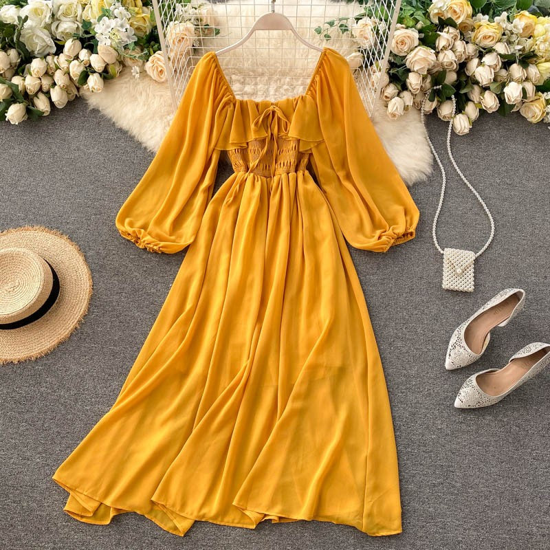 Vestido Midi com Decote Quadrado e Mangas Longas