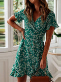 Vestido Curto Floral com Decote em V e Mangas Fluidas