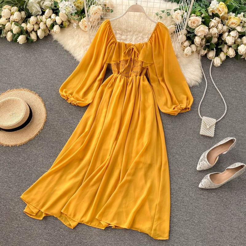 Vestido Midi com Decote Quadrado e Mangas Longas