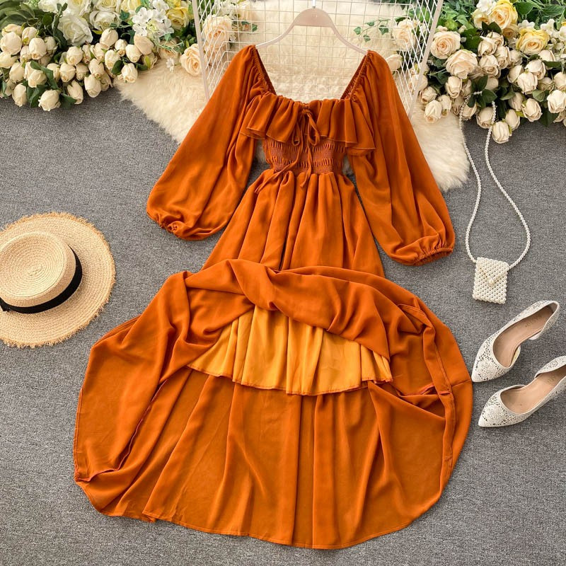 Vestido Midi com Decote Quadrado e Mangas Longas