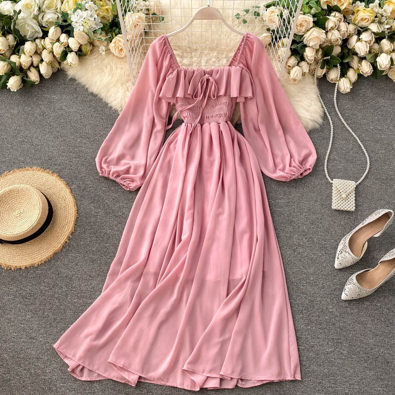 Vestido Midi com Decote Quadrado e Mangas Longas