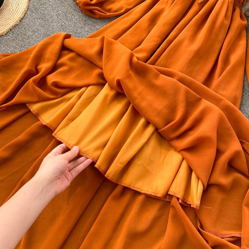 Vestido Midi com Decote Quadrado e Mangas Longas