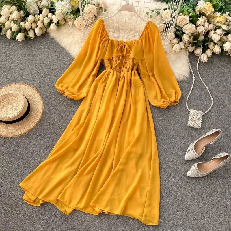 Vestido Midi com Decote Quadrado e Mangas Longas