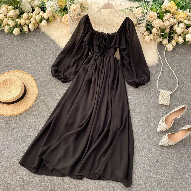 Vestido Midi com Decote Quadrado e Mangas Longas