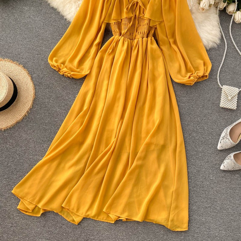 Vestido Midi com Decote Quadrado e Mangas Longas