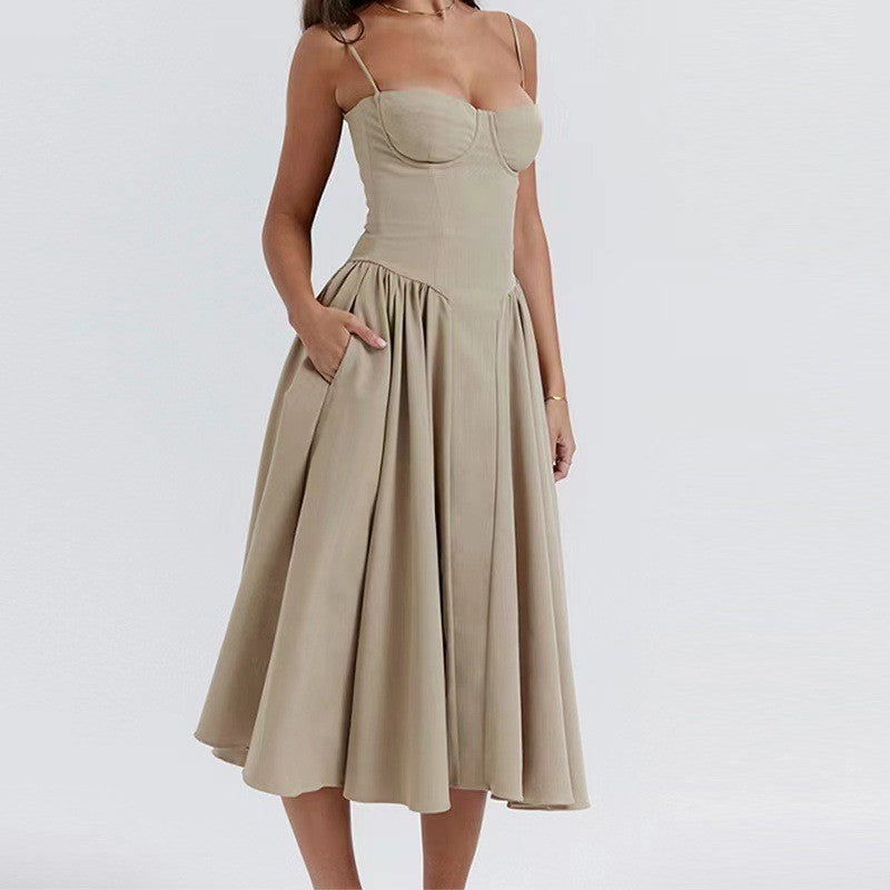 Vestido Midi de Alças com Corpete Estruturado