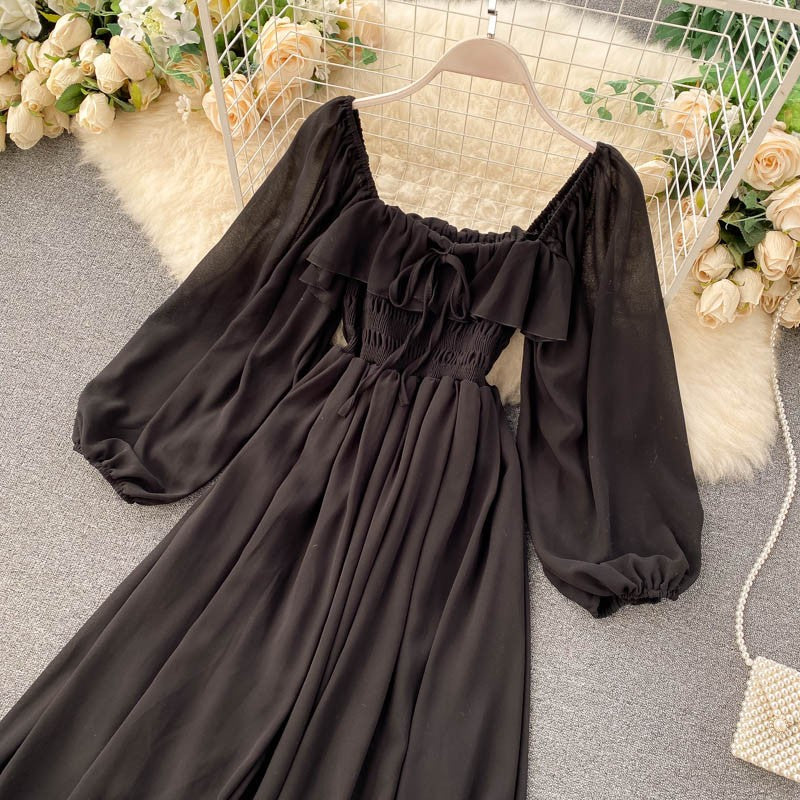 Vestido Midi com Decote Quadrado e Mangas Longas