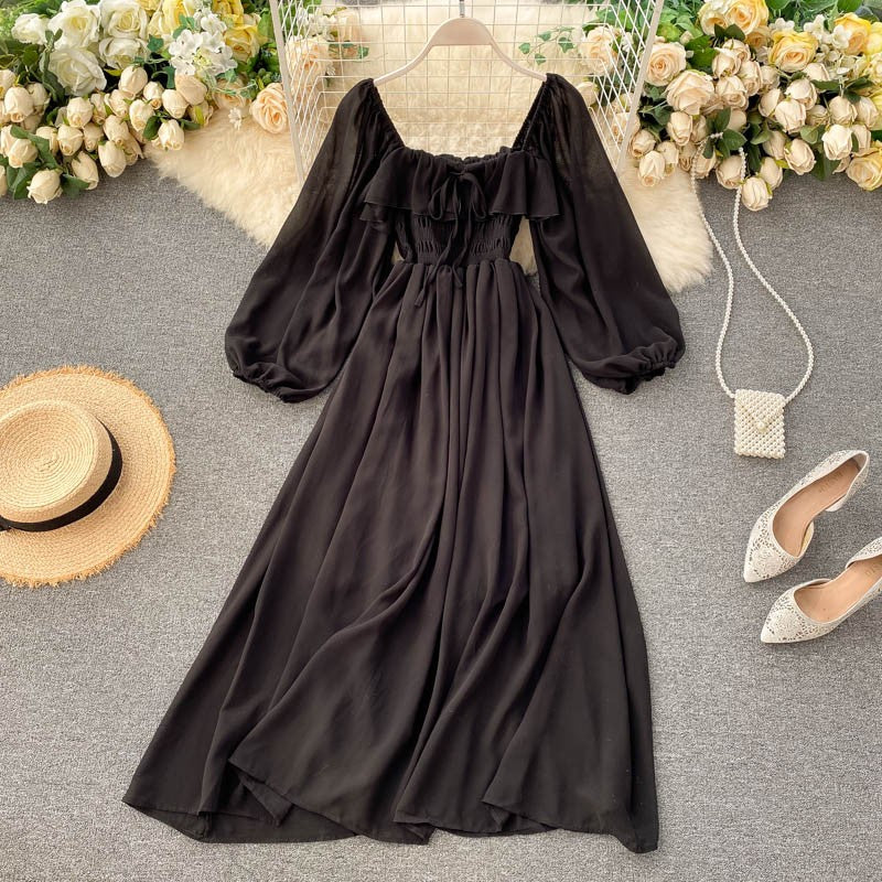 Vestido Midi com Decote Quadrado e Mangas Longas