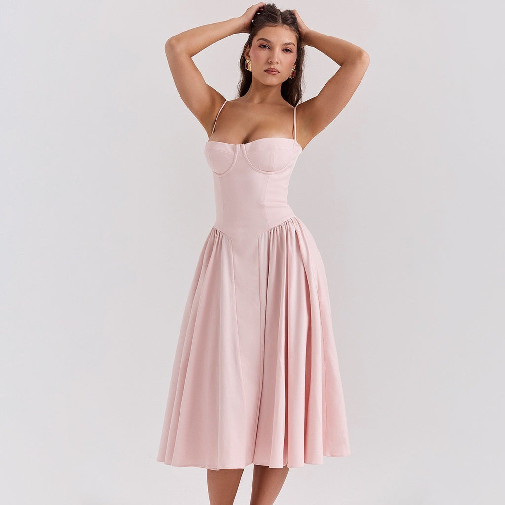 Vestido Midi de Alças com Corpete Estruturado