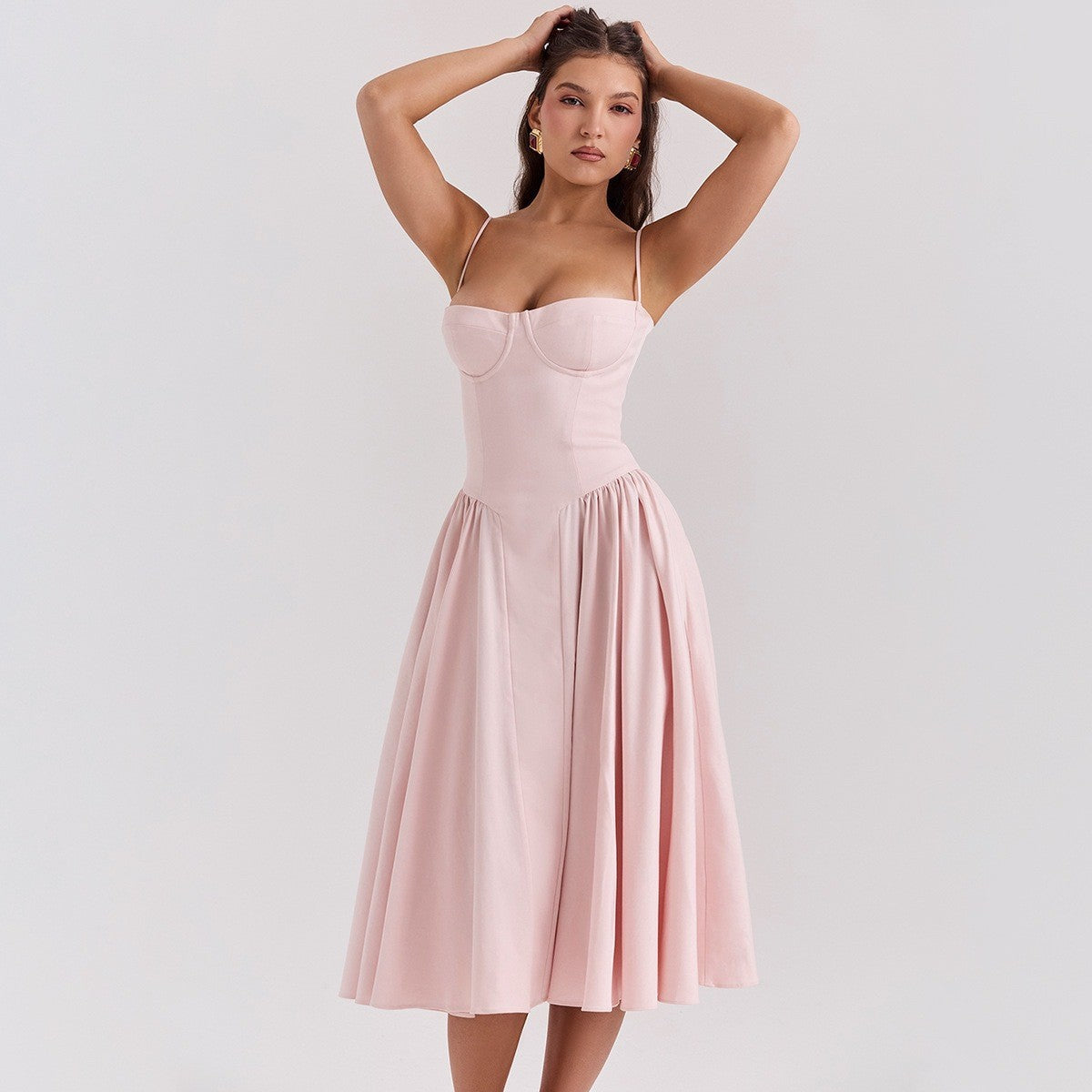 Vestido Midi de Alças com Corpete Estruturado