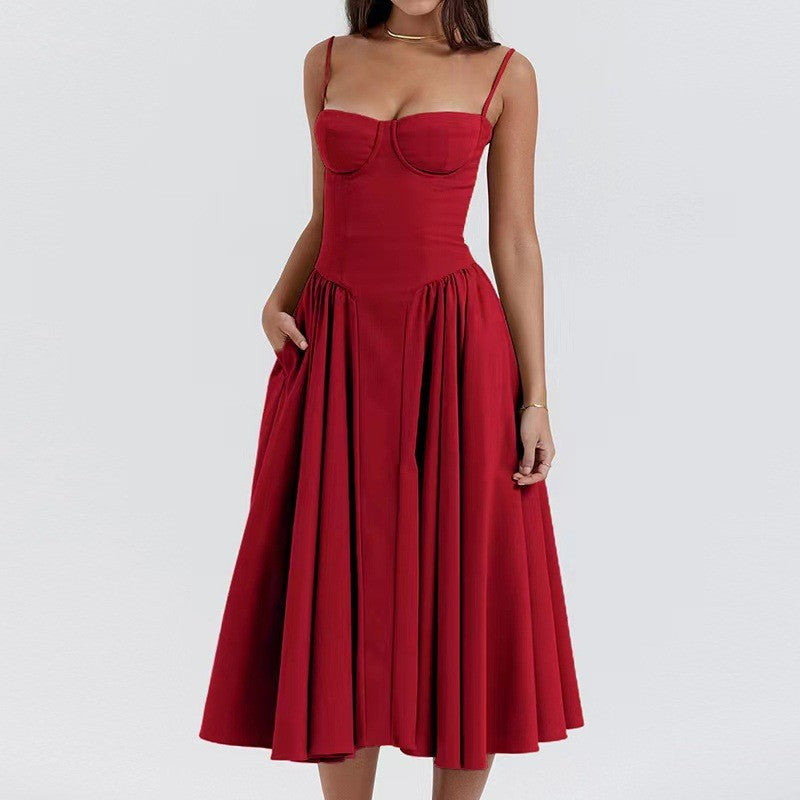 Vestido Midi de Alças com Corpete Estruturado